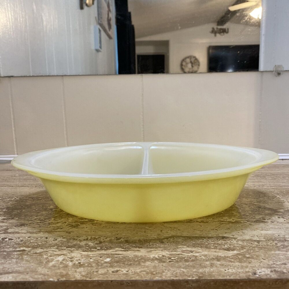 Vintage GLASSBAKE J 239 White Yellow Divided Glass Oven Cooking Serving Dish USA